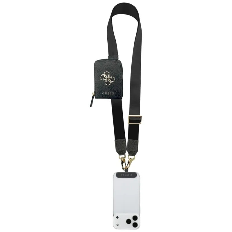 Guess 4G Metal Logo Universal Crossbody telefono dirželis ir maža rankinė – virvelė / peties dirželis su telefono dėklu (juoda)