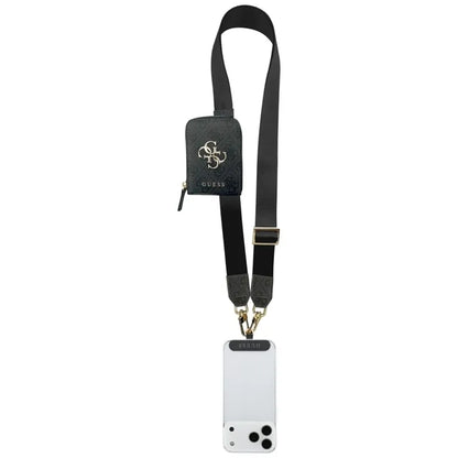 Guess 4G Metal Logo Universal Crossbody telefono dirželis ir maža rankinė – virvelė / peties dirželis su telefono dėklu (juoda)