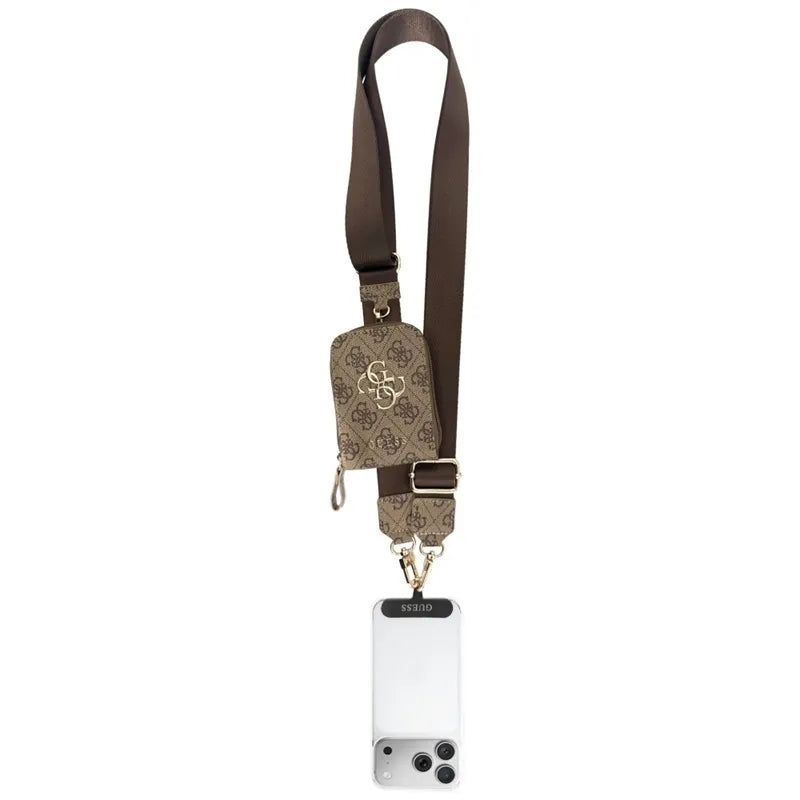 Guess 4G Metal Logo universalus crossbody telefono dirželis ir maža piniginė – dirželis per petį su telefono dėkliuku (ruda)