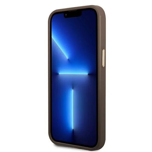 Guess 4G metalinis apvadas kamerai - dėklas skirtas iPhone 14 Plus (rudos spalvos)
