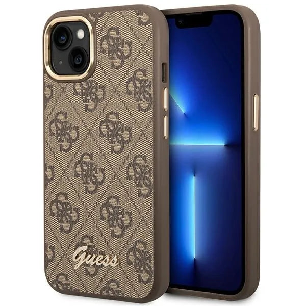 Guess 4G metalinis apvadas kamerai - dėklas skirtas iPhone 14 Plus (rudos spalvos)