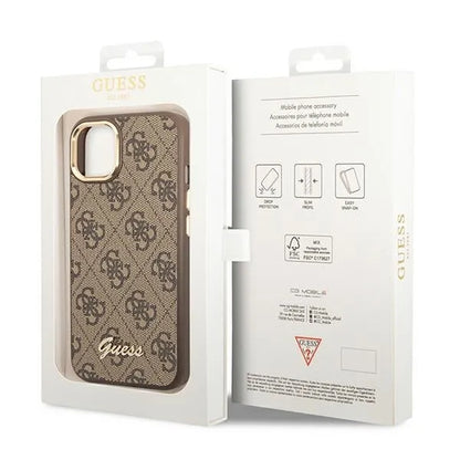 Guess 4G metalinis apvadas kamerai - dėklas skirtas iPhone 14 Plus (rudos spalvos)