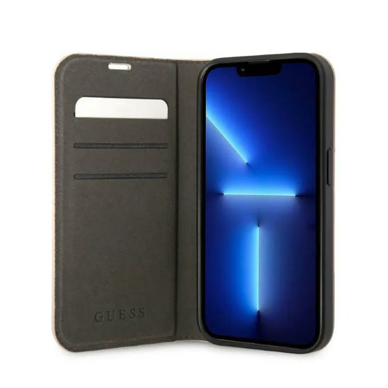 Guess 4G metalinis kameros apvado dėklas knygutė – dėklas skirtas iPhone 14 Pro (rožinis)