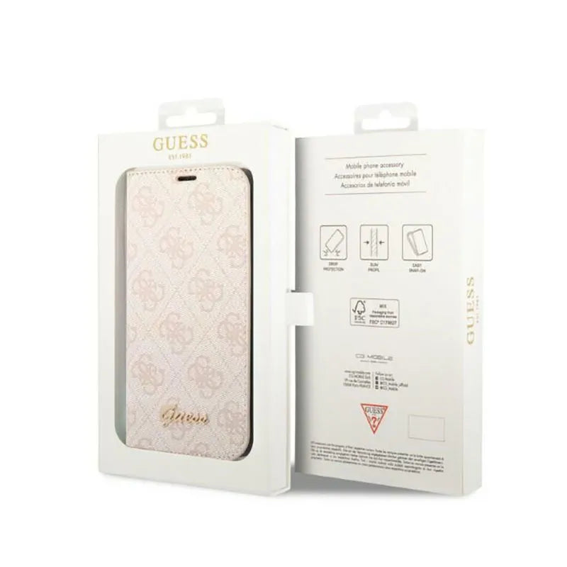 Guess 4G metalinis kameros apvado dėklas knygutė – dėklas skirtas iPhone 14 Pro (rožinis)