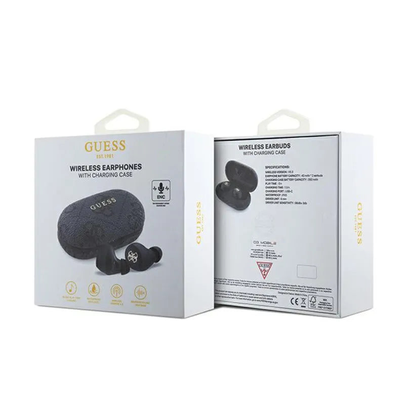 Guess 4G metalinis logotipas – TWS ENC „Bluetooth“ ausinės + įkrovimo dėklas (juodas)