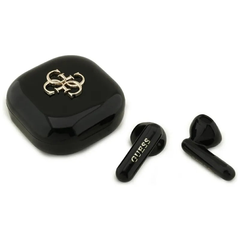 Guess 4G Metalo Logotipas - TWS Bluetooth Ausinės + Įkrovimo dėklas (Juodos)