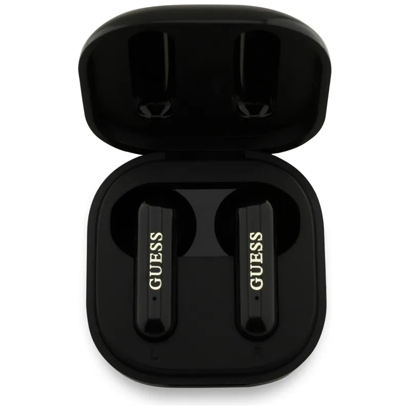 Guess 4G Metalo Logotipas - TWS Bluetooth Ausinės + Įkrovimo dėklas (Juodos)