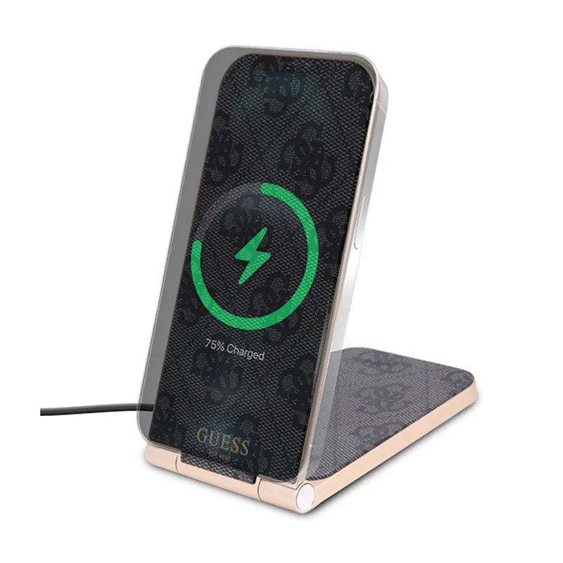 Guess 4G Pattern MagSafe – sulankstomas 2-in-1 indukcinis įkroviklis su „MagSafe“, skirtas „iPhone“ ir „AirPods“, 15W (juodas)