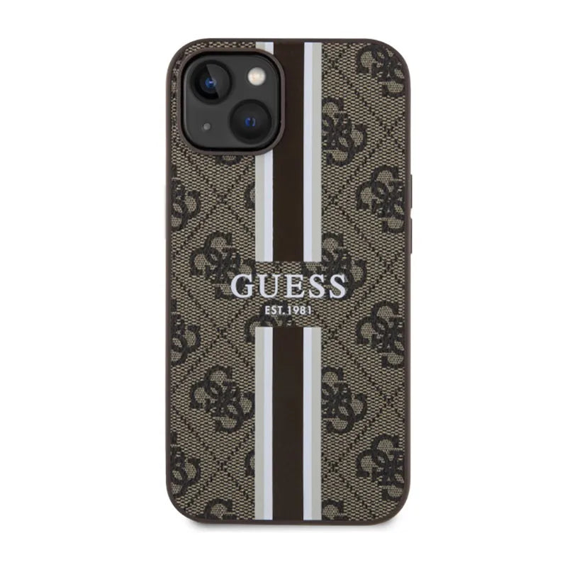 Guess 4G Printed Stripes MagSafe – dėklas iPhone 14 (rudas)