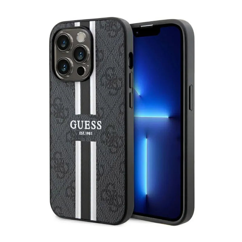 Guess 4G Printed Stripes MagSafe – dėklas skirtas iPhone 14 Pro (Juoda)