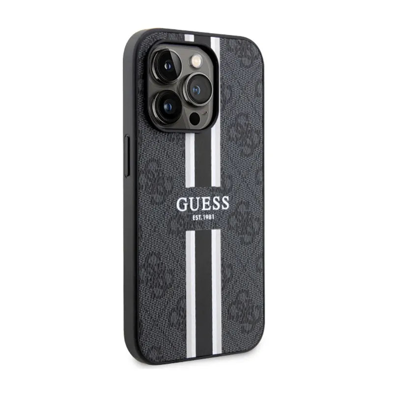 Guess 4G Printed Stripes MagSafe – dėklas, skirtas iPhone 14 Pro Max (Juoda)