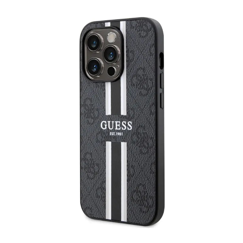 Guess 4G Printed Stripes MagSafe – dėklas, skirtas iPhone 14 Pro Max (Juoda)