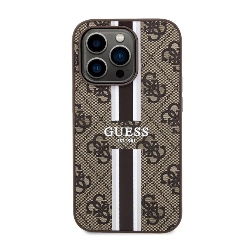 Guess 4G Printed Stripes MagSafe – Dėklas, skirtas iPhone 14 Pro (rudas)