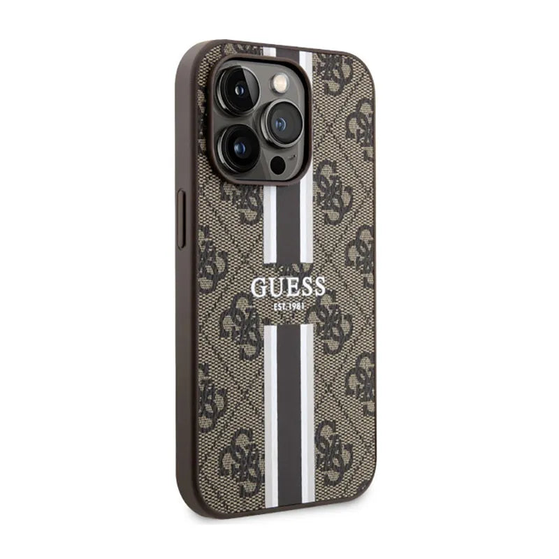 Guess 4G Printed Stripes MagSafe – Dėklas, skirtas iPhone 14 Pro (rudas)