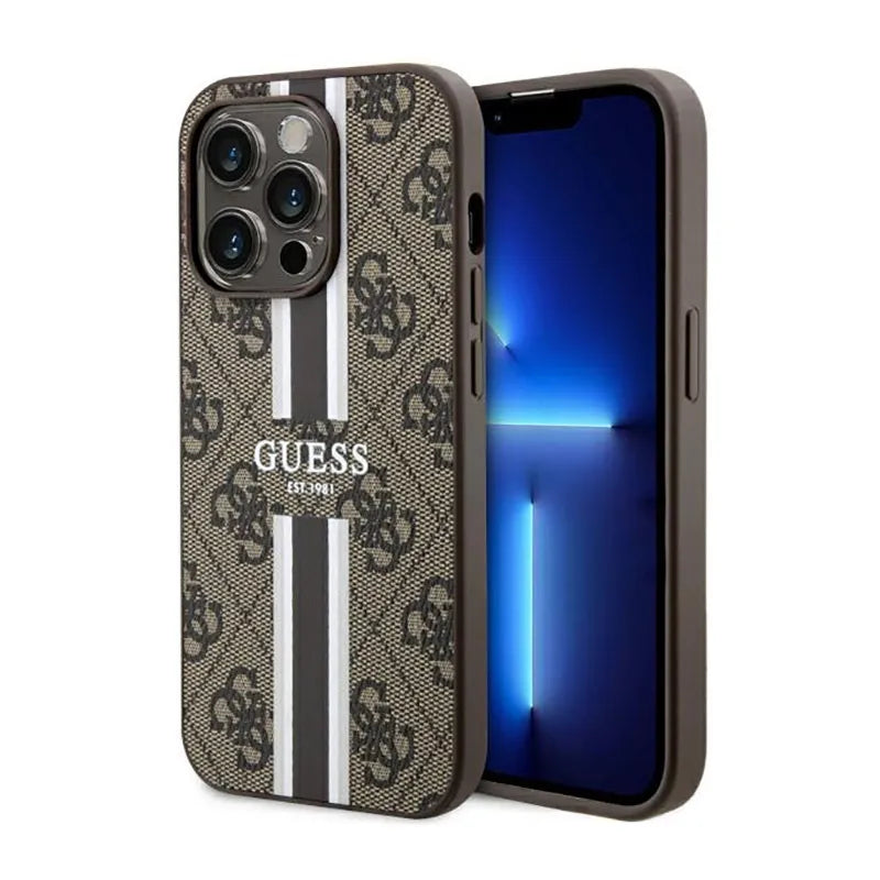 Guess 4G Printed Stripes MagSafe – Dėklas, skirtas iPhone 14 Pro (rudas)