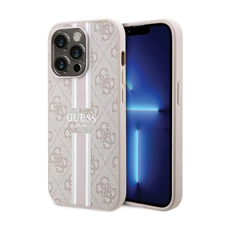 Guess 4G „Printed Stripes MagSafe“ – „iPhone 15 Pro“ dėklas (rožinis)