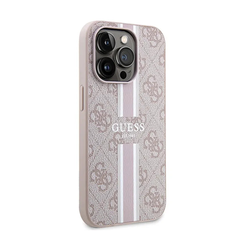 Guess 4G „Printed Stripes MagSafe“ – „iPhone 15 Pro“ dėklas (rožinis)