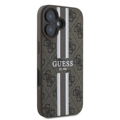 Guess 4G raštuotos juostelės MagSafe – dėklas, skirtas „iPhone 16“ (rudas)