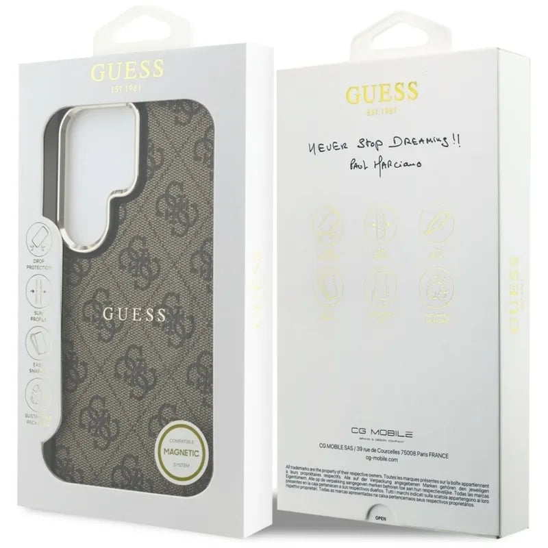 Guess 4G reljefinis prsten MagSafe dėklas "Samsung Galaxy S26 Ultra" (rudos spalvos)