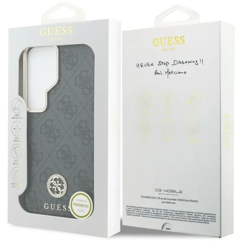Guess 4G Rhinestone Round Logo MagSafe dėklas - Samsung Galaxy S26 Ultra (Juodas)