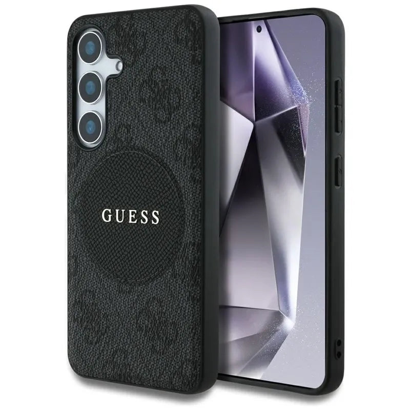 Guess 4G Round Patch Classic Logo MagSafe - Dėklas, skirtas Samsung Galaxy S25 (juodas)