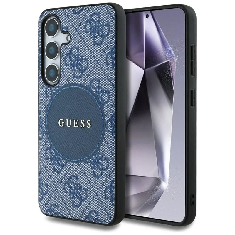 Guess 4G Round Patch Classic Logo MagSafe – dėklas, skirtas Samsung Galaxy S25+ (mėlyna)