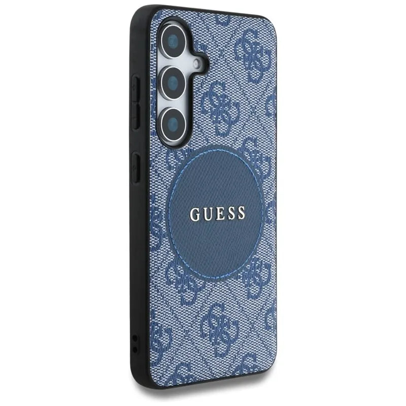 Guess 4G Round Patch Classic Logo MagSafe – dėklas, skirtas Samsung Galaxy S25+ (mėlyna)