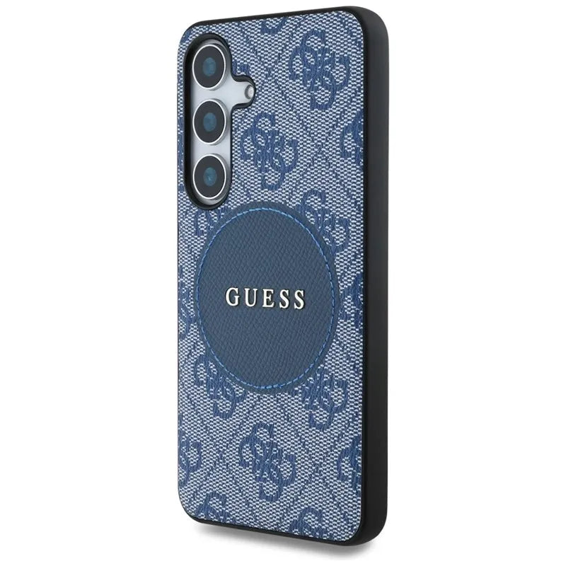 Guess 4G Round Patch Classic Logo MagSafe – dėklas, skirtas Samsung Galaxy S25+ (mėlyna)