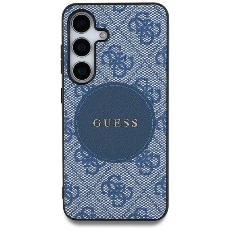 Guess 4G Round Patch Classic Logo MagSafe – dėklas, skirtas Samsung Galaxy S25+ (mėlyna)