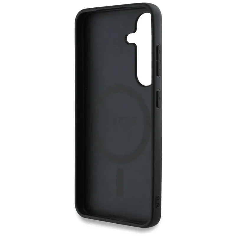 Guess 4G Round Patch Classic Logo MagSafe – dėklas, skirtas Samsung Galaxy S25+ (mėlyna)