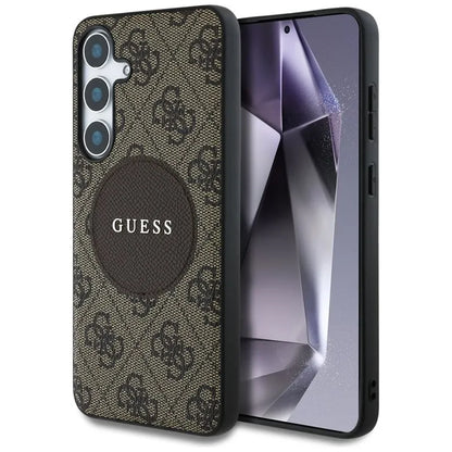 Guess 4G Round Patch Classic Logo MagSafe – dėklas, skirtas Samsung Galaxy S25+ (rudas)