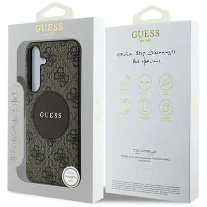 Guess 4G Round Patch Classic Logo MagSafe – dėklas, skirtas Samsung Galaxy S25+ (rudas)