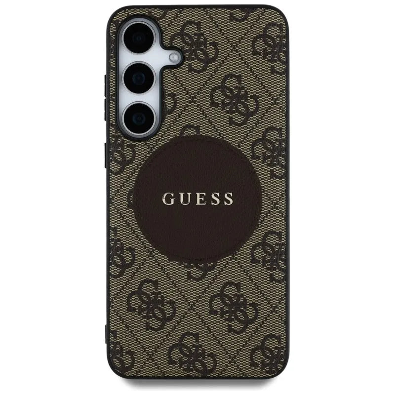 Guess 4G Round Patch Classic Logo MagSafe – dėklas, skirtas Samsung Galaxy S25+ (rudas)