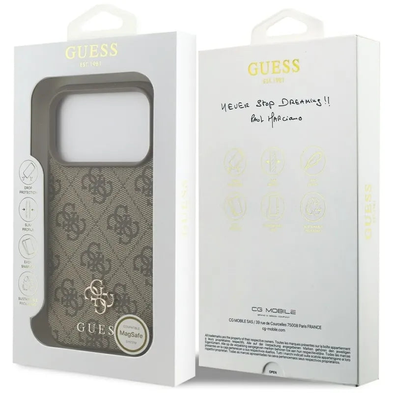 Guess 4G Small 4G ir Classic MagSafe dėklas iPhone 17 Pro (rudos spalvos)