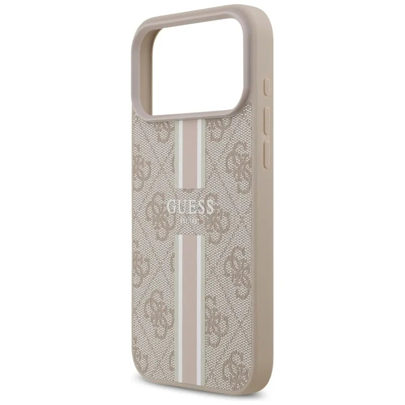 Guess 4G Spausdintos juostelės MagSafe dėklas iPhone 17 Pro Max (rožinis)