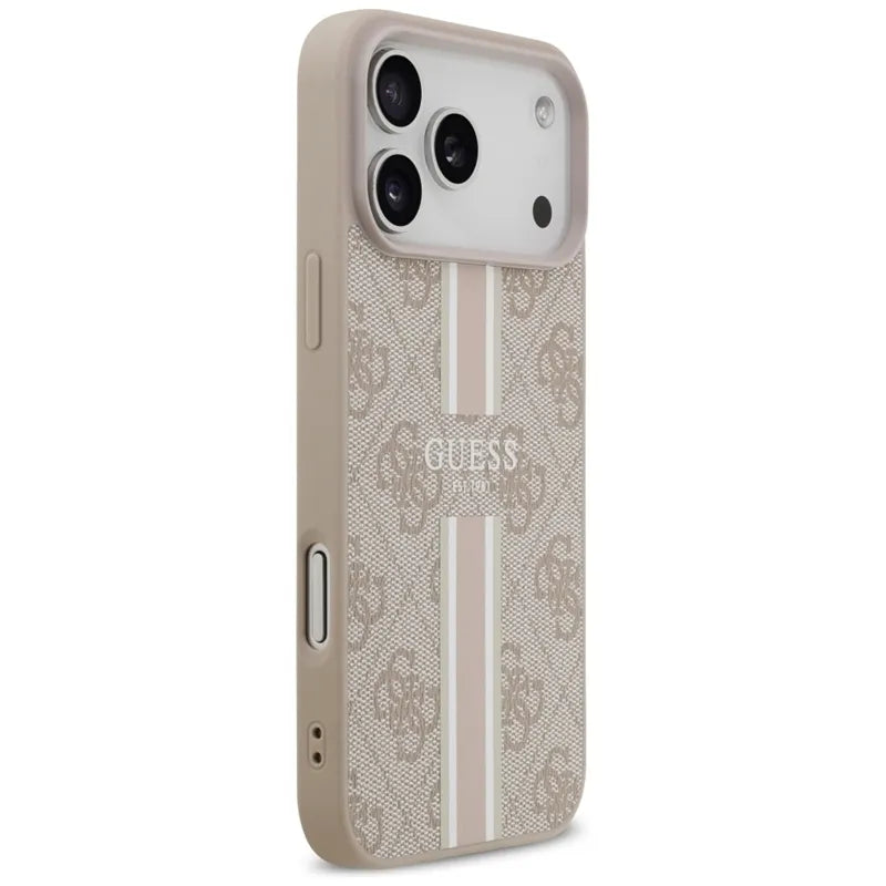 Guess 4G Spausdintos juostelės MagSafe dėklas iPhone 17 Pro Max (rožinis)