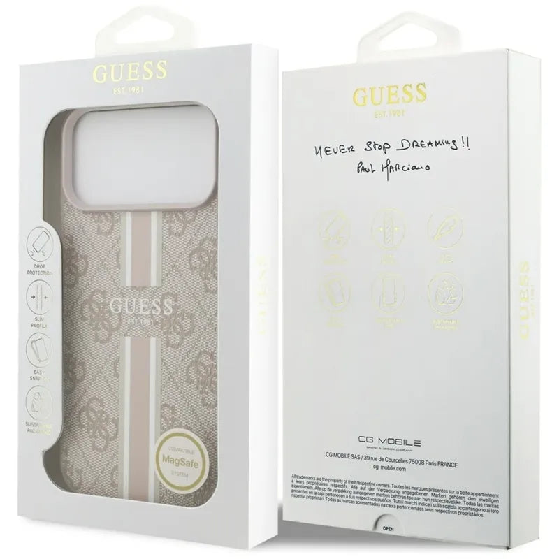 Guess 4G Spausdintos juostelės MagSafe dėklas iPhone 17 Pro Max (rožinis)