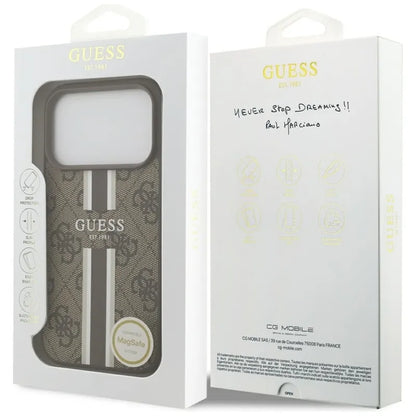 Guess 4G Spausdintos Juostelės MagSafe dėklas iPhone 17 Pro (rudas)