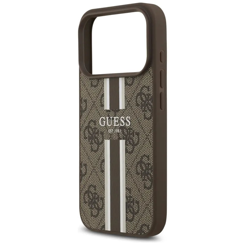 Guess 4G Spausdintos Juostelės MagSafe dėklas iPhone 17 Pro (rudas)