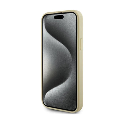 Guess 4G Strass metalinio logotipo dėklas, skirtas iPhone 15 (auksinis)