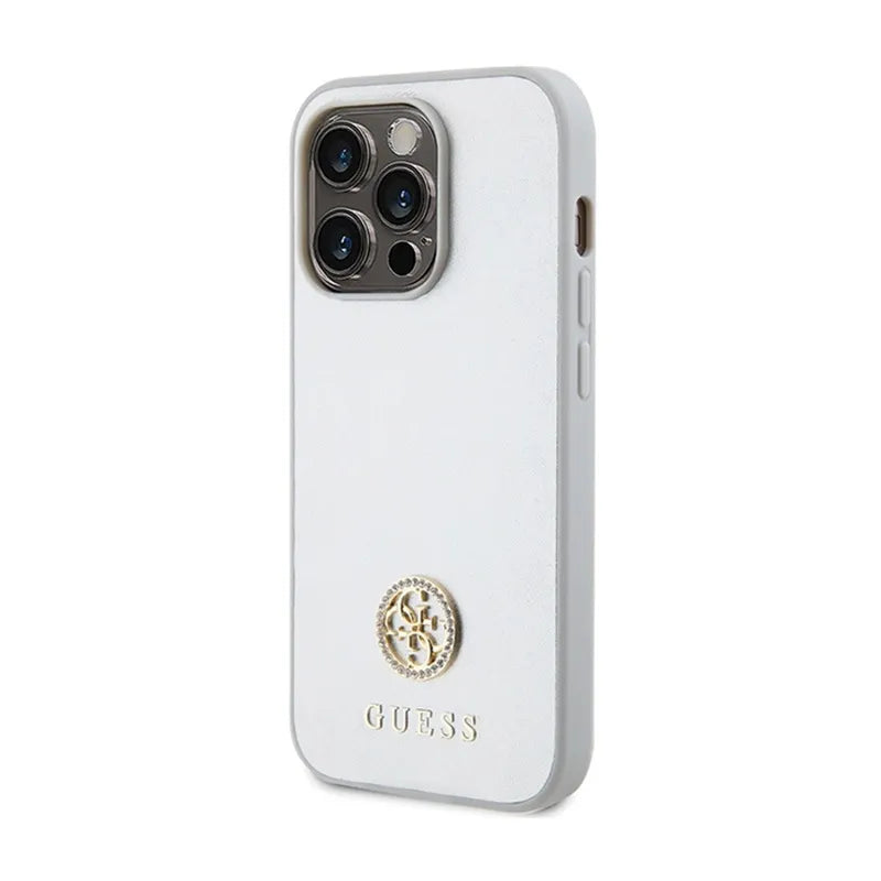 Guess 4G Strass metalinis logotipas – dėklas iPhone 15 Pro (sidabrinis)