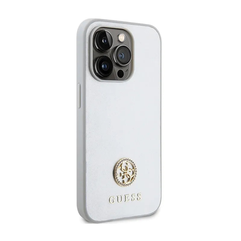 Guess 4G Strass metalinis logotipas – dėklas iPhone 15 Pro (sidabrinis)