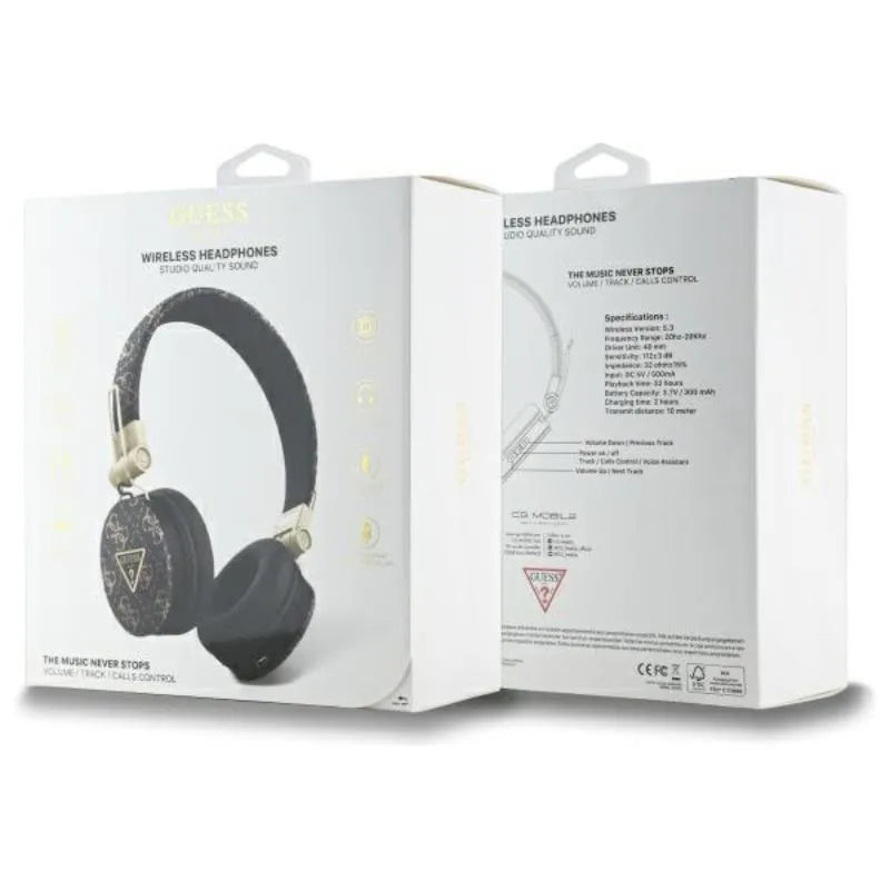 Guess 4G trikampio apvalios formos – belaidės „Over-Ear“ „Bluetooth“ ENC ausinės (juodos)