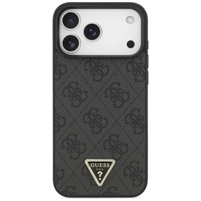 Guess 4G Trikampio Dekoratyviniai Kristalai MagSafe Dėklas iPhone 17 Pro Max (Juodas)