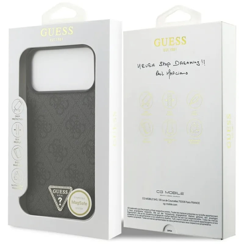 Guess 4G Trikampio Dekoratyviniai Kristalai MagSafe Dėklas iPhone 17 Pro Max (Juodas)