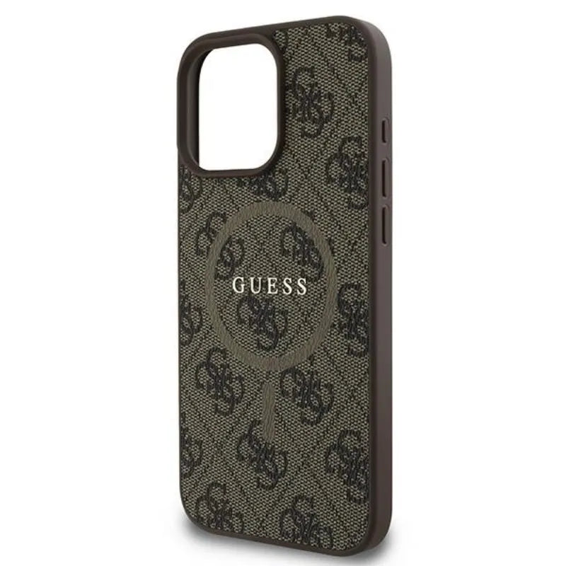 Guess 4G žiedas klasikinis logotipas MagSafe – dėklas skirtas iPhone 16 Pro (rudas)