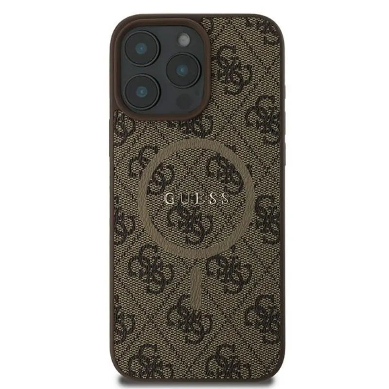 Guess 4G žiedas klasikinis logotipas MagSafe – dėklas skirtas iPhone 16 Pro (rudas)