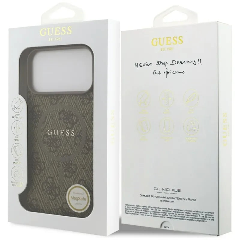 Guess 4G žiedinis logotipas MagSafe dėklas iPhone 17 Pro Max (rudas)