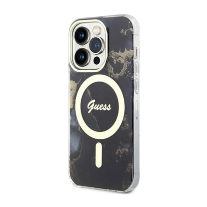 Guess Auksinis marmuras MagSafe - dėklas skirtas iPhone 14 Pro Max (Juoda)