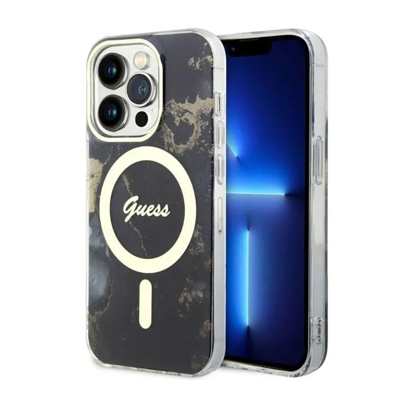 Guess Auksinis marmuras MagSafe - dėklas skirtas iPhone 14 Pro Max (Juoda)